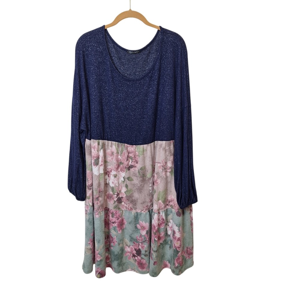 Story Teller Womens 3X Pullover Scoopneck Tiered Dress Blue Floral Mixed Print